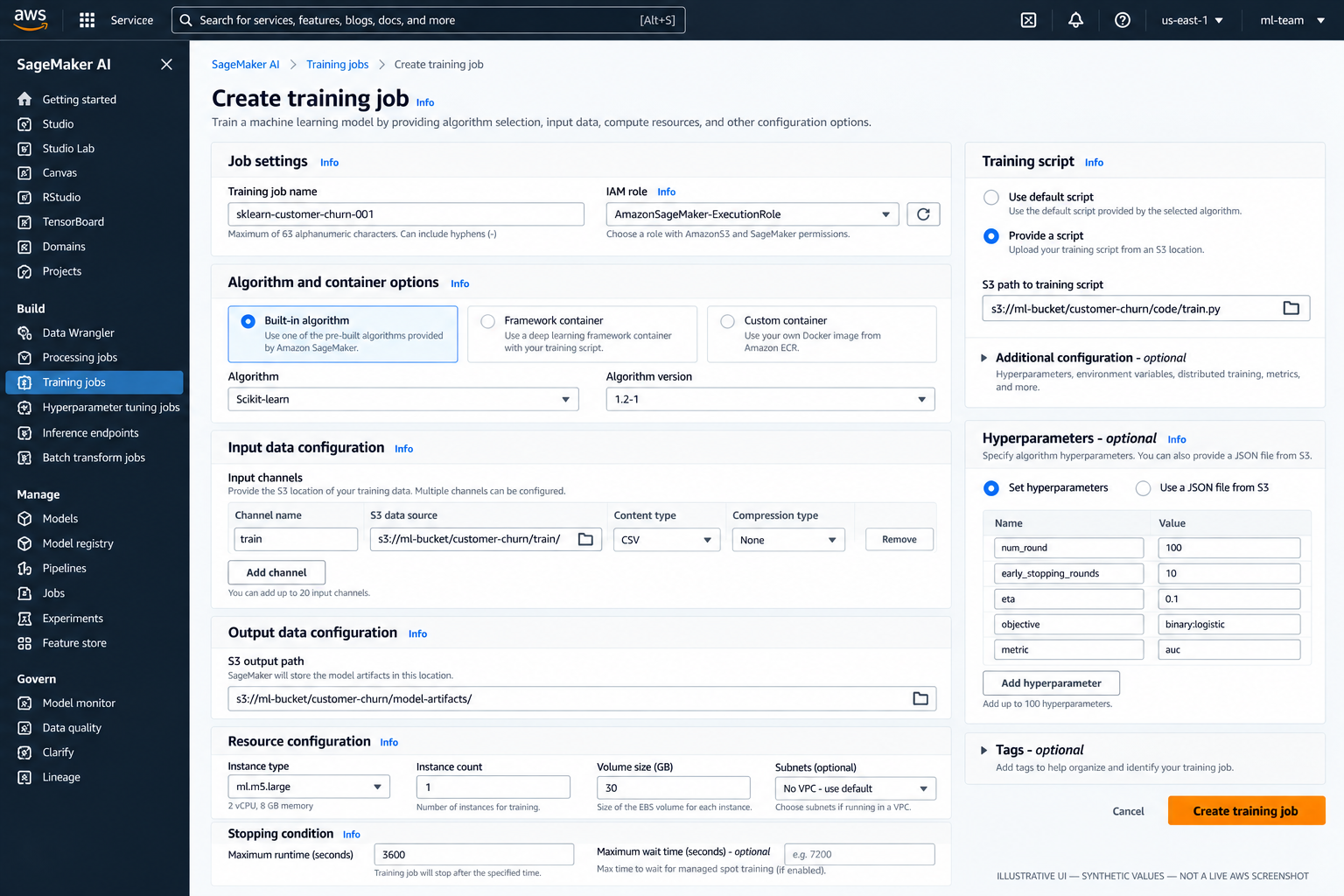 Illustrative SageMaker Create training job console